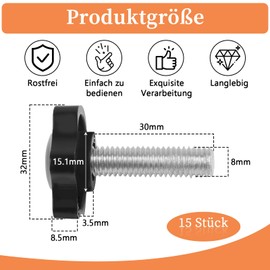 Pack of 15 Knurled Screws M8 x 30 mm, Star Grip Screw M8, Screws Rustproof with Star Grip Nut Plastic Handle, Star Knurled Screw Clamping Knob for Machines, Devices, Furniture (Black)