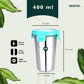 MARU Stainless Steel Tumbler With Lid Leak Proof With 2 Straws And 1 Brush, Glass Tumbler Steel Lid, Steel Glass With Lid, Airtight Freezer Safe Capacity 400Ml (2Pcs) Sea Green