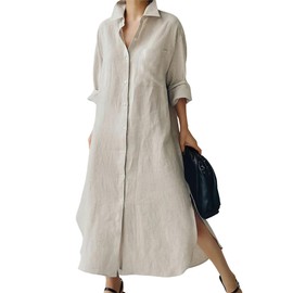 chouyatou Women's Spring Button Down Cotton Shirt Dress Summer Flowy Side Slit Maxi Shift Dress (Large, Apricot)