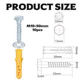 Biemian 10pcs M10x50mm Heavy Duty Wall Plugs and Screws, Nylon Anchor Bolts and Concrete Screws