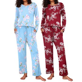 Ekouaer 2 Pack Womens Pajama Sets Long Sleeve Pjs Lounge Set Soft Comfy Sleepwear Winter Loungewear,Blue Flower/Wine Red Flower,Small
