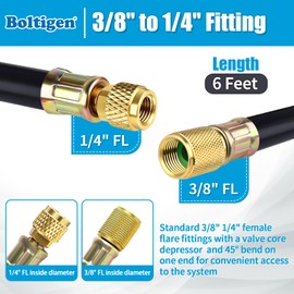 Boltigen 1/2'' ID Vacuum Refrigerant Hose, High Flow Black HVAC Vacuum Pump Hose with 3/8 to 1/4 Flare Fitting, 6 Feet Vacuum Certified Refrigerant Hose for AC/Refrigeration System