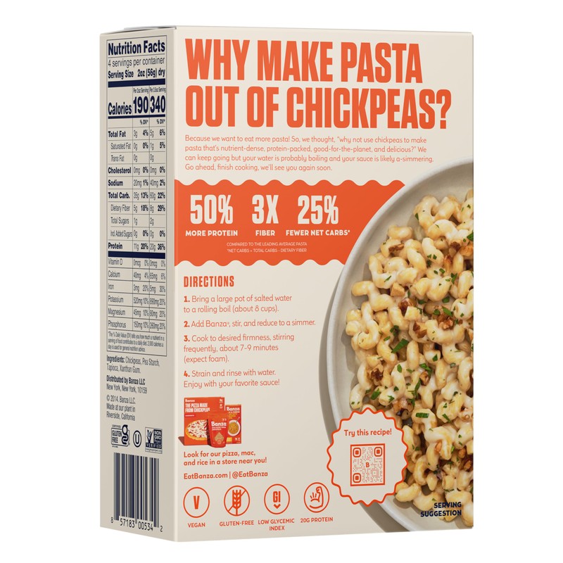 Banza Chickpea Pasta, Cavatappi - Gluten Free Healthy Pasta, High