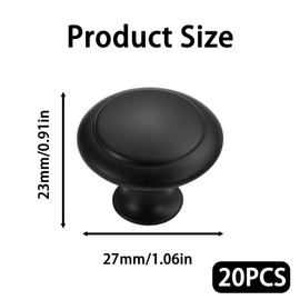 20 Pack Matte Black Door Knobs for Kitchen Cabinets,Black Cupboard Handles, Wardrobes, Drawers, Modern Round Cabinet Hardware with Screws Included, 2.3cm X 2.7cm Each