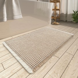 AMOAMI Upgraded Waffle Bath Mat, Super Absorbent Non Slip Bath Mats for Bathroom Floor, Machine Washable Bathroom Rugs with Tassels, Rubber Backed Bathroom Mats, Ultra Soft, 17" x 24",Brown & Cream