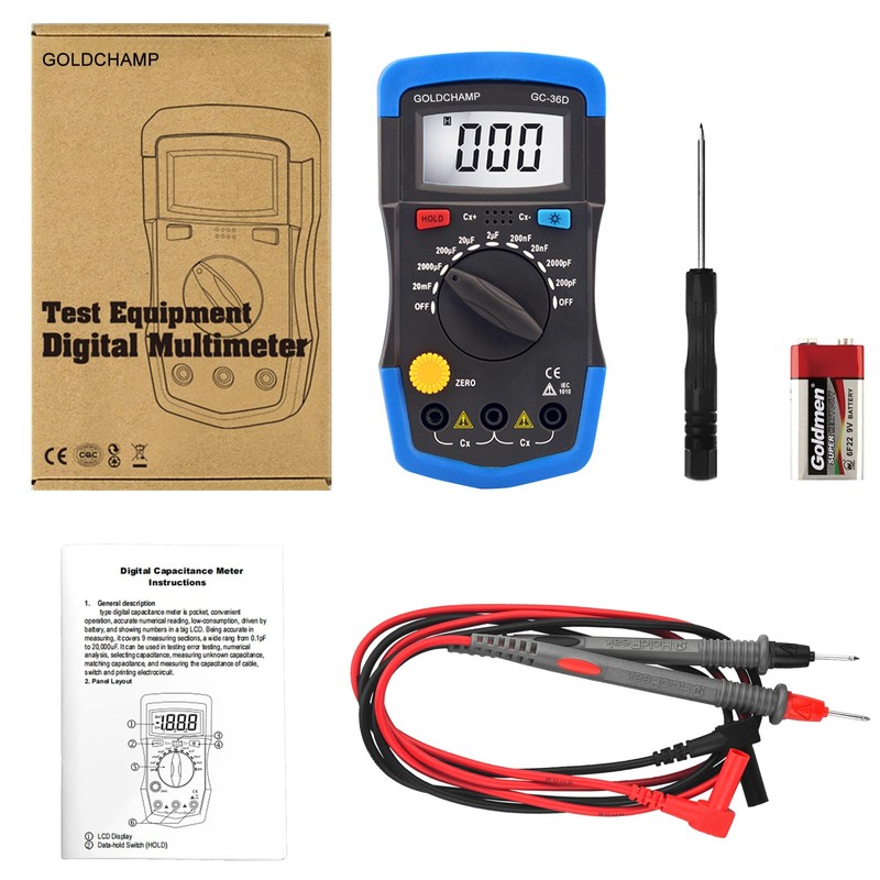GOLDCHAMP Digital Multimeter Capacitor 200pF-20mF Meter Condenser Handheld Multimeter Tester