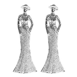 Darthome Set of 2 Silver Elegant Lady Figure Ornaments, 11x31x6cm, Art Deco Hands On Hips Women Crushed Diamond Effect Sculptures