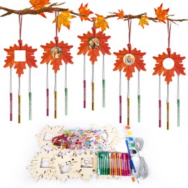 Fennoral 10 Pack Maple Leaf Wind Chime Kit Make You Own Maple Leaf Photo Frame Wind Chimes DIY Coloring Fall Craft Wooden Hanging Ornaments for Art Project Autumn Thanksgiving Decoration
