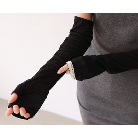 Ave UV Gloves, Long Length, UV Protection, Cotton, Mesh, UV Protection, Arm Cover, Present, With Gloves Case, Elasticized bottom button (Black)