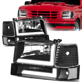 Headlights Assembly with Bumper Lights Compatible with 1992-1996 Ford F-150 F-250 F-350 Bronco, Black Housing Clear Lens FO2502118 FO2503114