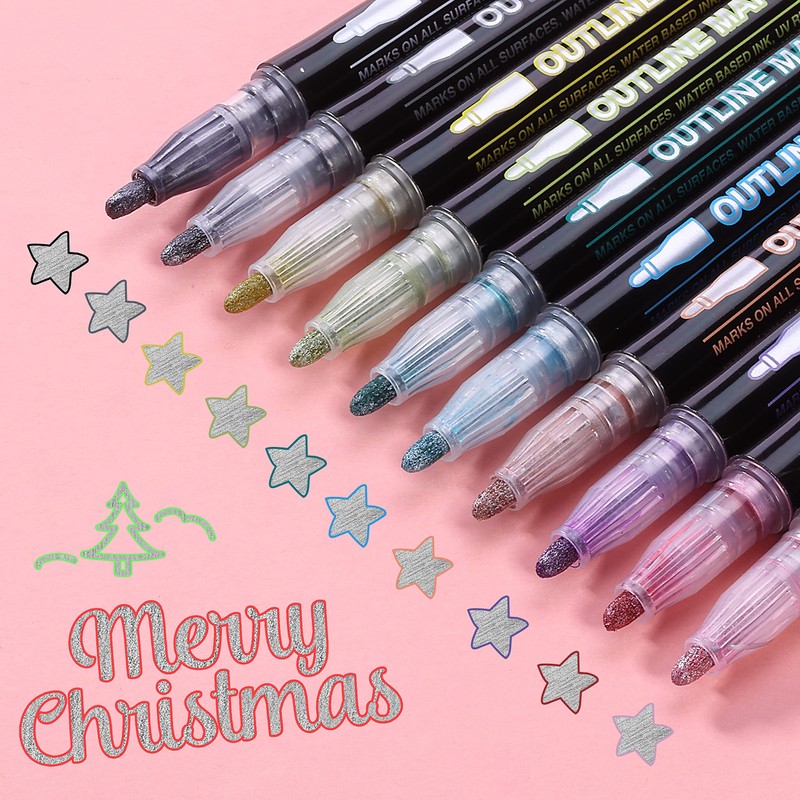 Mr. Pen- Double Line Outline Markers, 10 Colors, Self-Outline Metallic