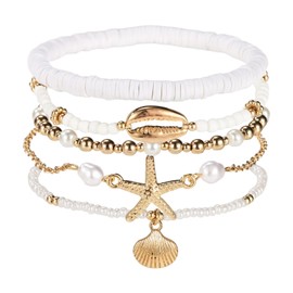 Lyreh Perlen-Fußkettchen-Set für Damen, Verstellbare Boho-Gold-Strandkettchen mit Perle Muschel Seestern Anhänger Scheibe Hawaiisch Fußschmuck für Sommer Geschenke