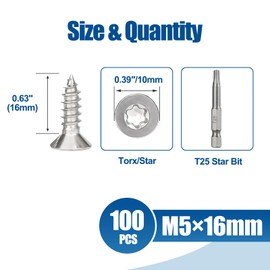 ANCHOREASE Torx/Star Drive Flat Head Self Tapping Screws, M5×16mm, 100 Pcs, 18-8 (304) Stainless Steel Wood Screws, Used for Wood, Plastic and Soft Metal, 1 Pcs T25 Star Bit Included