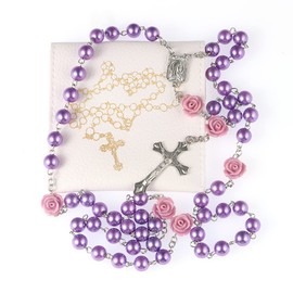WHLHMK Rosary Beads Catholic for Women With Leather Rosary Pouch, Purple Beads Rosary Necklace with White Leather Pouch, Anglican Prayer Beads Christian Gifts for Women Catholic Gifts