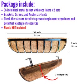 LaLaGreen Railing Planters Box (36", 2 Pack) Black Metal Rectangular Window Flower Box with Coco Liner, Extra Large Wall Hanging Planter for Outdoor Plants Deck Rail Fence Bracket Balcony Porch Garden