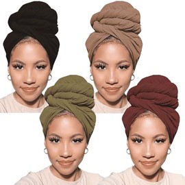 PWEOUKE 4 Pcs Head Wraps for Women Solid Color Soft African Head Scarf for Hair Jersey Turban Long Breathable Head Band Tie for Woman