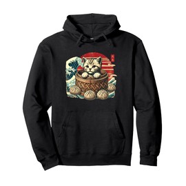 Chibi Cat in a Dim Sum Basket Japanese Funny Graphic Kawaii Pullover Hoodie
