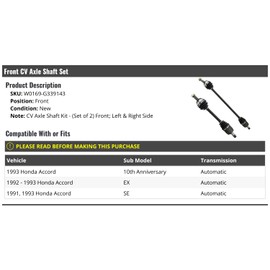 Front CV Axle Shaft Set of 2 - Compatible with 1991-1993 Honda Accord (with Automatic Transmission)