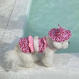 MuYaoPet Leopard Dog Bikini Beach Swimsuit with Dog Hat Swimming Cap Puppy Bathing Dress Suit Summer Pet Clothes Cat Costumes for Small Dog (Medium, Pink)