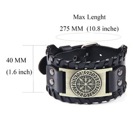 Thajaling Antique Men's Black Leather Cuff Bracelet, Leather Wrist Band Pirate Classic Elements Vintage Compass Pattern Wristband
