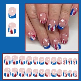 French Tip Press on Nails, Red White Blue Independence Day Fake Nails, July 4th Star Square False Nails with Glue for Women Holiday Glossy Manicure Decoration Supplies (24pcs)