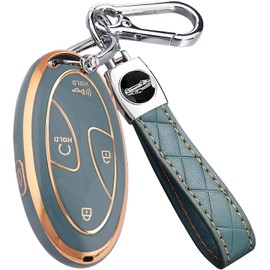 5 Buttons Compatible with Hyundai Key Fob Cover Accessories, Fits for Elanrtra Sonata Ioniq Santa Fe Santa Cruz KONA Tucson, Soft TPU Key Case with Leather Keychain (Gray)