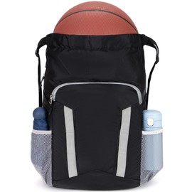 Veious Drawstring Soccer Backpack Basketball Bag for Football Volleyball Gym Sports Training with Shoe Compartment (Black)