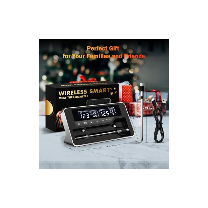 Termómetro de carne inalámbrico con 2 sondas, termómetro digital Bluetooth