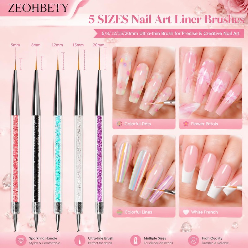 ZEOHBETY Nail Art Brushes, 5Pcs Nail Art Liner Brushes, Dotting