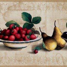 CONCORD WALLCOVERINGS ™ Wallpaper Border Fruit Pattern Strawberries Pears Plate for Cottage Kitchen Dining Room, Beige Red Green, 15 ft by 9 in RG3784B