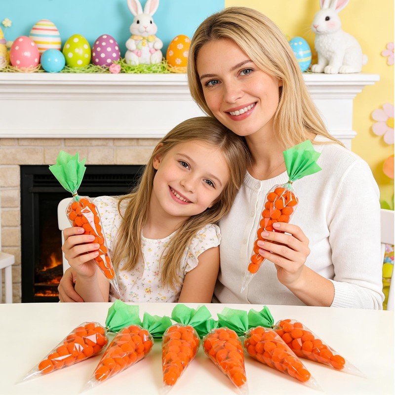 JANYUN 60 Set Clear Easter Carrot Cone Shaped Treat Bags