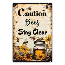 Generic Caution Caution Bees Stay Clear Garden Sign, Flower Bees Yard Sign 8""x12"" Outdoor Decorative, Aluminum Sign for Lawn,Farmhouse,Home, Waterproof Patio Sign Bee Farm Sign