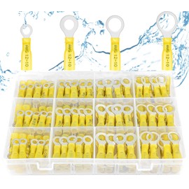 haisstronica Ring Terminals,100PCS Marine Grade Heat Shrink Ring Connectors-Yellow Wire Connectors Tinned Red Copper #10,1/4",5/16",3/8"(4Sizes),12-10 Gauge Insulated Ring Crimp Terminals