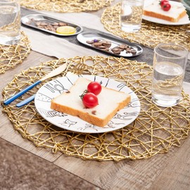 CY SISTERS Woven Placemats Set of 12 Dining Table Decoration Centerpiece Festival Hollow Out Table Decor Gold Charger Plates Metallic Place Mats Vinyl Round Placemats for Wedding Reception,13.78''