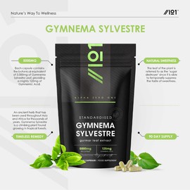Gymnema Sylvestre Leaf 5000mg – Standardised 125mg Gymnemic Acid – 90 Vegan Capsules (3 Months Supply) – Resealable and Recyclable Pouch by Alpha01