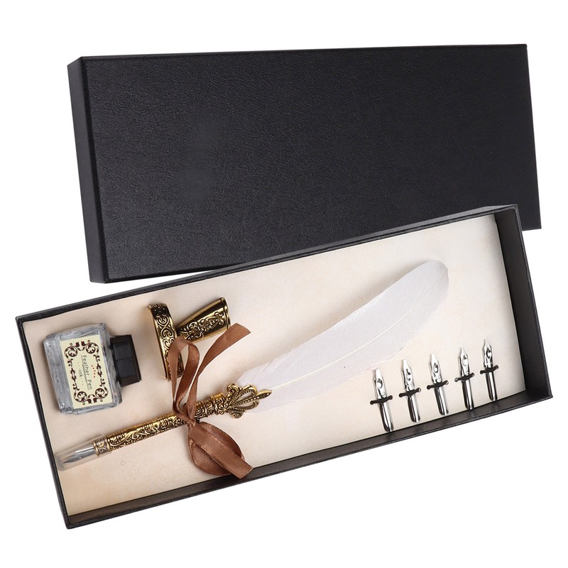 Feather Pen Set Craft Retro Carved Stainless Steel Writing Suit