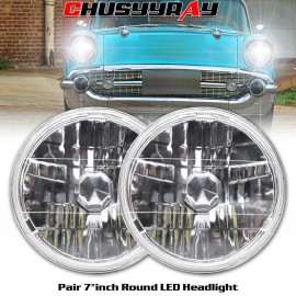 CHUSYYRAY 7 Inch led GLASS Headlight Round ORIGINAL CLASSIC LOOK Conversion Chrome pair S+