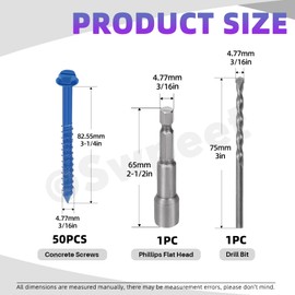 Swpeet 52Pcs 3/16" x 3-1/4" Slotted Hex Washer Head Concrete Screws Anchor with Hex Bit Socket and Drill Bit Assortment Kit, Self Tapping Cement Screws for Anchoring to Masonry Block Brick Stucco