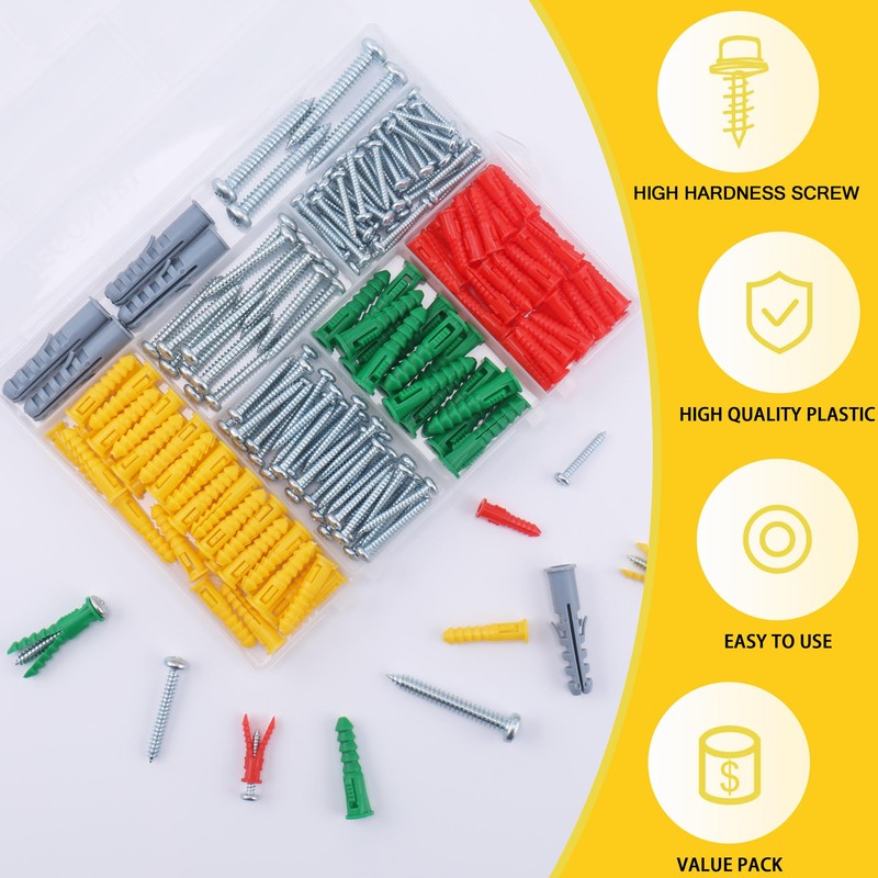 JEGONFRI 208PCS Drywall Anchors and Screws Assortment Kit, Wall Anchors