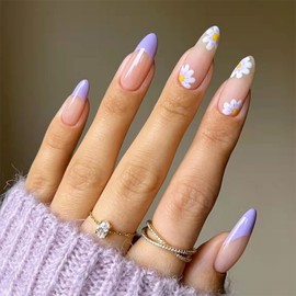 Press on Nails Pointed Medium Length, 24Pcs Full Cover Reusable False Nails Kit, Artificial Fingernails Acrylic Fake Nails for Women, Press on Nails with Charms, Press on Nails Almond Shape(W082)