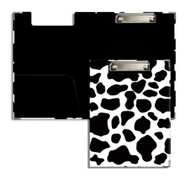 XUNLURY Cow Print Clipboard with Storage for Office Classroom Desk, Cow Print School Office Supplies, Black White Animal Print Padfolio with Clipboard for Teachers Nurses Students, 13.5x9.2 in