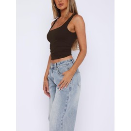 FOFAINWE Women's Sleeveless Square Neck Tank Top Double Layer Basic Crop Tops Summer Fitness Workout Casual Tops, dark brown