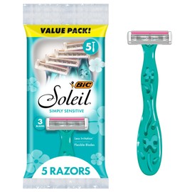 BIC Soleil 3 Simply Women's Disposable 3 Blade Razors, Moisture Strip and Floral Handles, 5-Pack