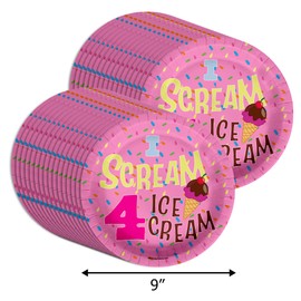 Suministros para fiesta de cumpleaños para niñas – Platos de papel de cumpleaños de helado – Platos de papel grandes de 9 pulgadas a granel (I Scream Four Ice Cream, 32 piezas)