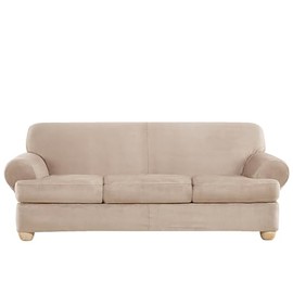 SureFit Ultimate Heavyweight Stretch Suede Slipcover (Cement, 3 Piece T-Cushion Sofa)