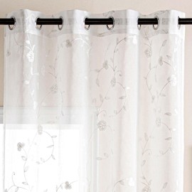 DWCN Embroidery Sheer Curtains Decoration Flora Design Grommet Window Curtain Semi Voile Drapes with Eyelets Window Treatments for Living Room Bedroom 2 Panels 52" W x 88" L White
