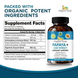 Organic Veda Papaya Leaf Plus Supplement - Blood Platelet Super Extract Immune Capsules with Papaya Digestive Enzymes, Chlorophyll, Grape Seed Extract, Vitamin C - Bone Marrow & Gut Health - 60 ct