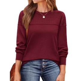 WIHOLL Sweaters for Women Crewneck Crochet Tops Long Sleeve 2025 Fall Winter Outfits Fashion Clothing WineRed L