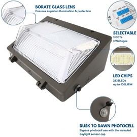 Konlite KWPT LED Wall Pack Light, Selectable 90W/76W/45W, 12,900 Lumens, Adjustable CCT 5000K/4000K/3000K, Dimmable, 120-277V, 320W HID Equivalent