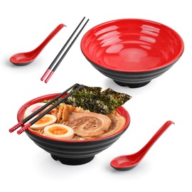 YKUKIZEE 2Pcs Large Ramen Bowl Set, 1150 ml Japanese Soup Bowl with Chopsticks and Spoon, Plastic Noodle Bowl for Salad Pho Udon Pasta